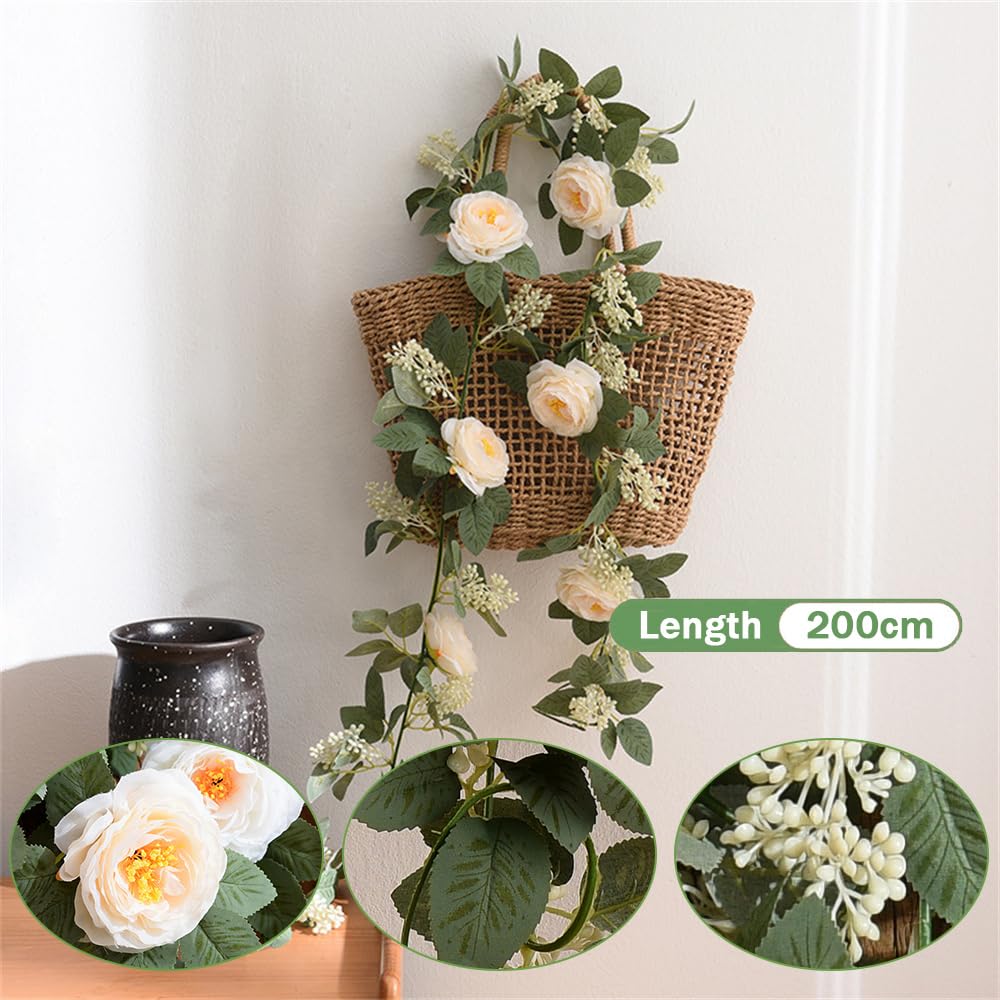 Highdi Enredaderas Artificiales Guirnaldas, Romántico Flor de Rosa Artificial Colgantes Hojas Plantas Falsas Decoración para Fondo de Boda Fiesta Jardín Hogar Cocina (Blanco,6 Piezas)