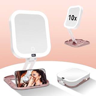 SANYCASA Travel Makeup Mirror with Lights 10X/1X, Rechargeable Magnifying Mirror with Smart Battery Display,3 Color Modes,Dimmable Touch Screen, Portable Mirror for Desk & Travel Hanging, Pink