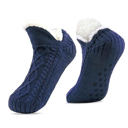AWAVM Women's Fluffy & Warm Fleece Lined Anti-Slip Slipper Socks for Women, Men & Girls - Soft, Thick Christmas Floor Socks - Navy Blue