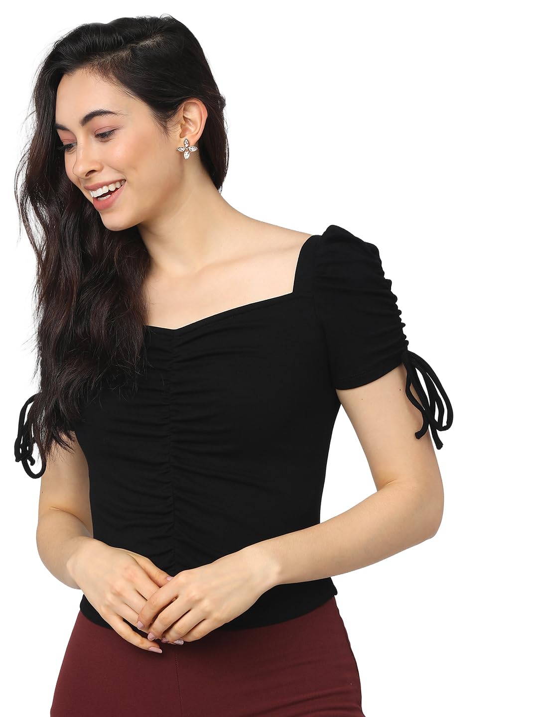 Tokyo Talkies Women's Short Sleeves Square Neck Solid Tops| Stylish | Casual Wear-picture-24