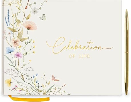 Hunanyume Funeral Guest Book for Memorial Service, Celebration of Life Guest Book with Gold Pen Please Sign Table Card, Wild Floral Funeral Sign in Book for Guests and Memory Book for Funeral7" x 9"