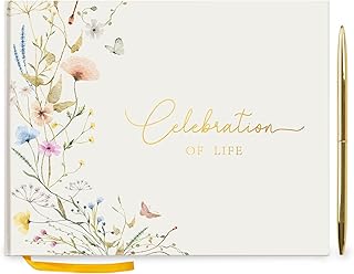 Hunanyume Funeral Guest Book for Memorial Service, Celebration of Life Guest Book with Gold Pen Please Sign Table Card, Wild Floral Funeral Sign in Book for Guests and Memory Book for Funeral(7" x 9")