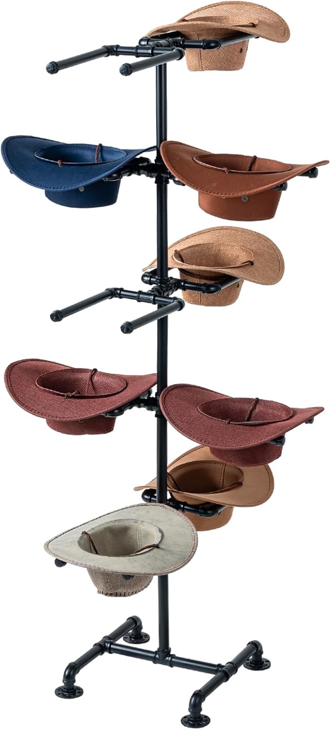 MyGift 5 Foot Freestanding Hat Organizer Rack, Industrial Black Metal Pipe Cowboy Fedora Hat Hanger Display Stand Floor Standing Retail Rack