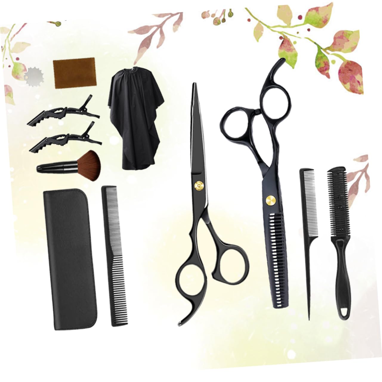 Friseurscheren 1 Satz aus Kunststoff, Schwarz, Flache Schere | Zahnschere, 12 Stück Zubehör, für Barbershop und Zuhause, Leicht und Ergonomisch