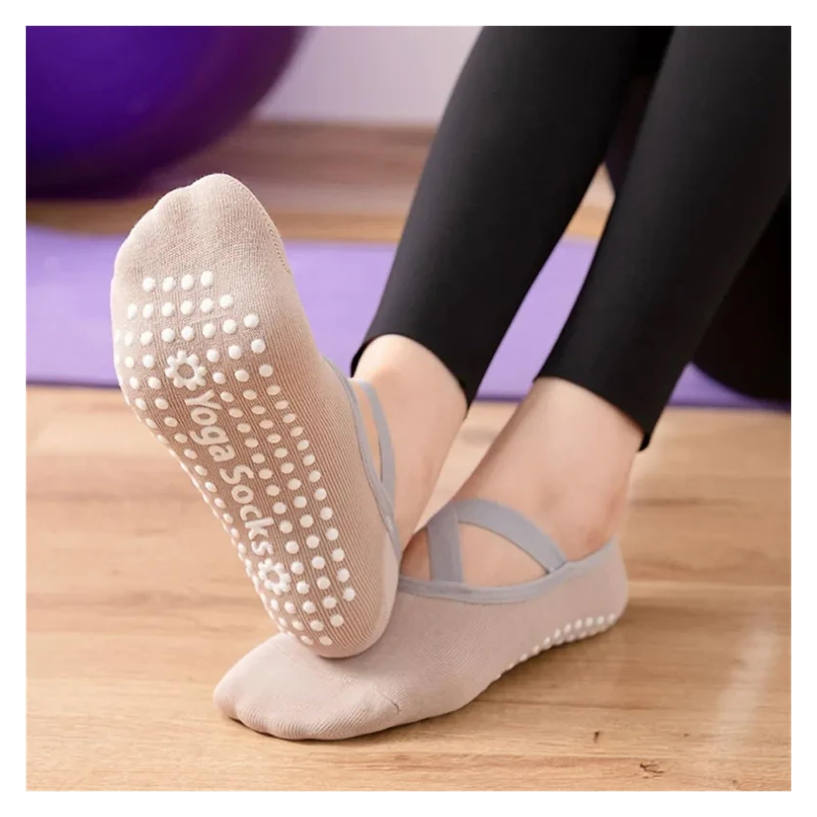 Yoga Pilates Socke 5 Paar Frauen Yoga Socken Silikon Anti-Slip Ballett Pilates Socken Frauen Backless Atmungsaktive Bandage Tanz Sport Socken(Khaki)