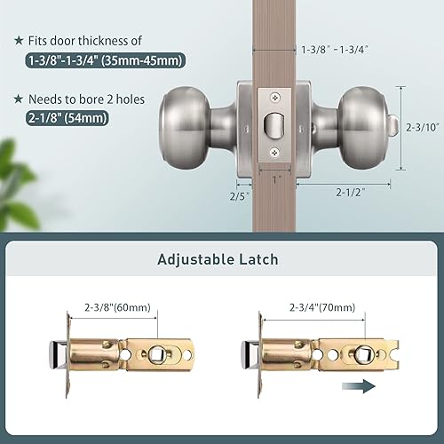 Miniatura 5 de Paquete de 1 cerradura de puerta de privacidad de níquel satinado, perilla de puerta de bola plana para camabaño, juegos de pomos de puerta sin
