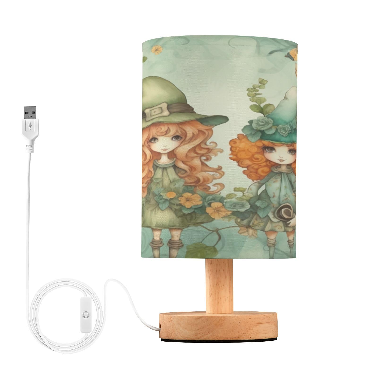 SDMKA Cartoon Shamrock Gnome Bedside Table Lamp for Bedroom, Minimalist Nightstand Lamp with Round Fabric Shade for Living Room, Office, No Bulb Required