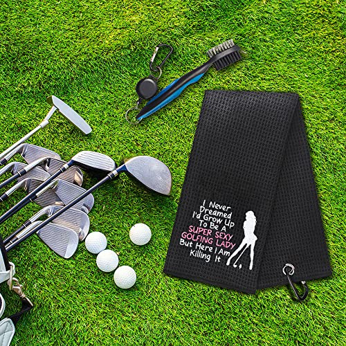 GEYGIE Super Sexy Golfing Lady Embroidered Golf Towels with Clip and Golf Brush with Retractable Extension Cord, Funny Golf Towel Gifts and Golf Accessories Set for Mom Women Daughter Wife Golf Fan - Thumbnail 6