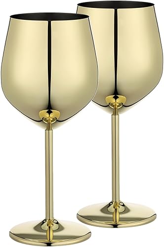 Juego de 2 copas de vino doradas irrompibles de 18 onzas, copa de vino de acero inoxidable, copa de vino de metal para exteriores, viajes, camping,