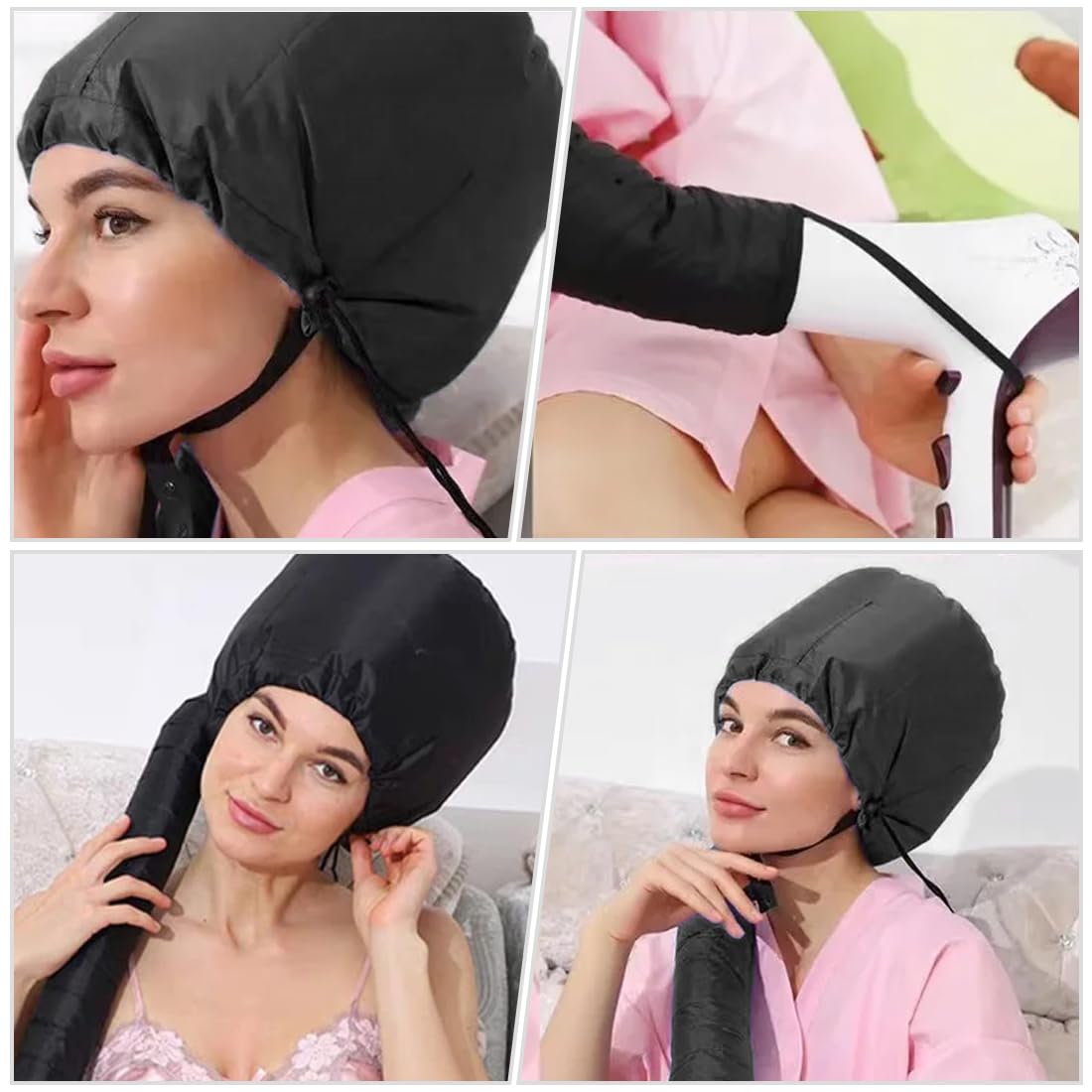 IKOPFLN 1 PCS Casco Asciugacapelli, Cuffia Termica per Capelli, Caschi per Asciugatura,Bonnet Casco per Asciugacapelli con Elastico per Attacco Phon per Asciugatura Capelli Ricci (Nero)