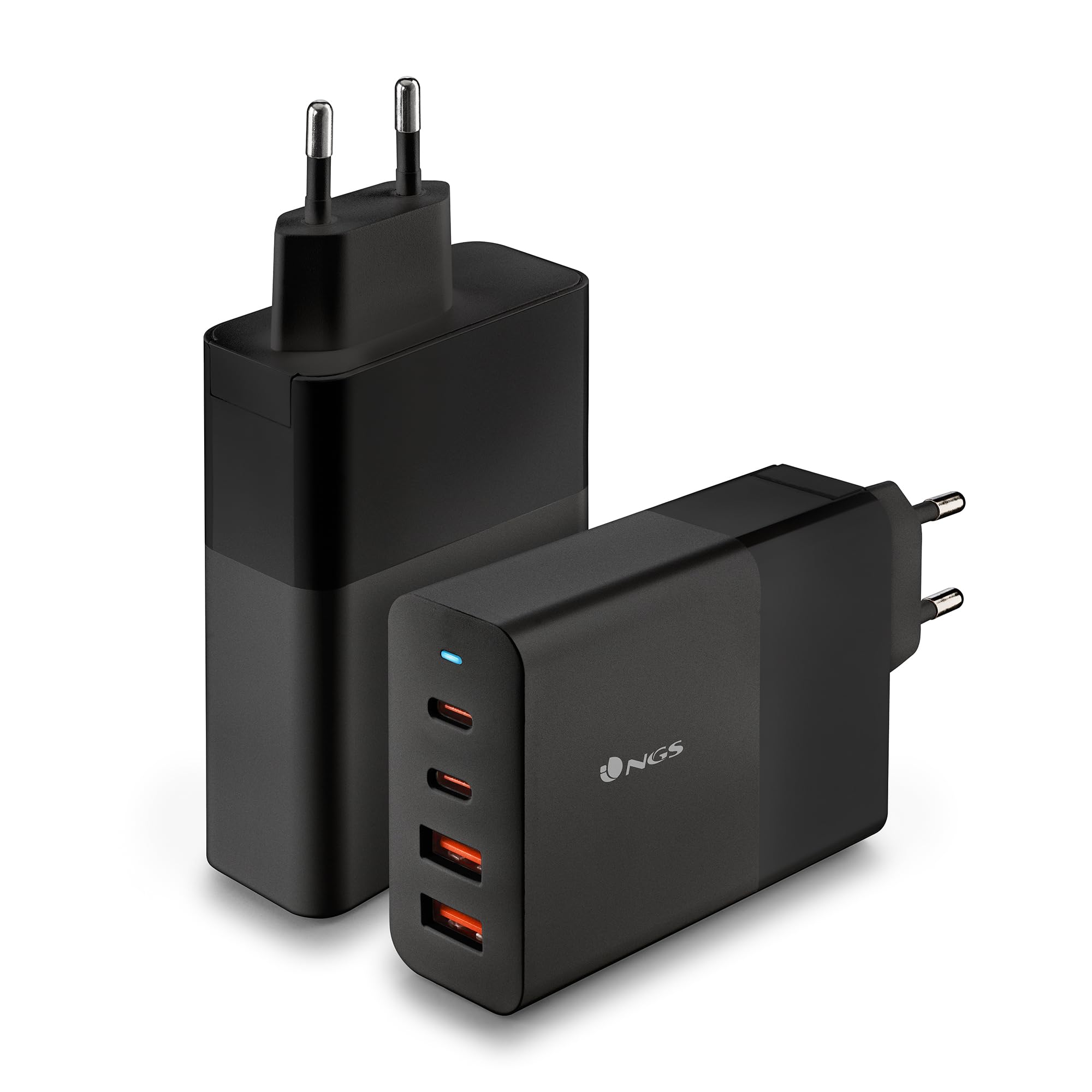 NGS Bud 100 W - Caricatore da parete ultra veloce con 2 porte USB-C(PD & PPS 100 W) 2 USB-A (QC 3.0 30 W) compatto e portatile per smartphone tablet portatili Materiali GAN ignifughi Ricarica