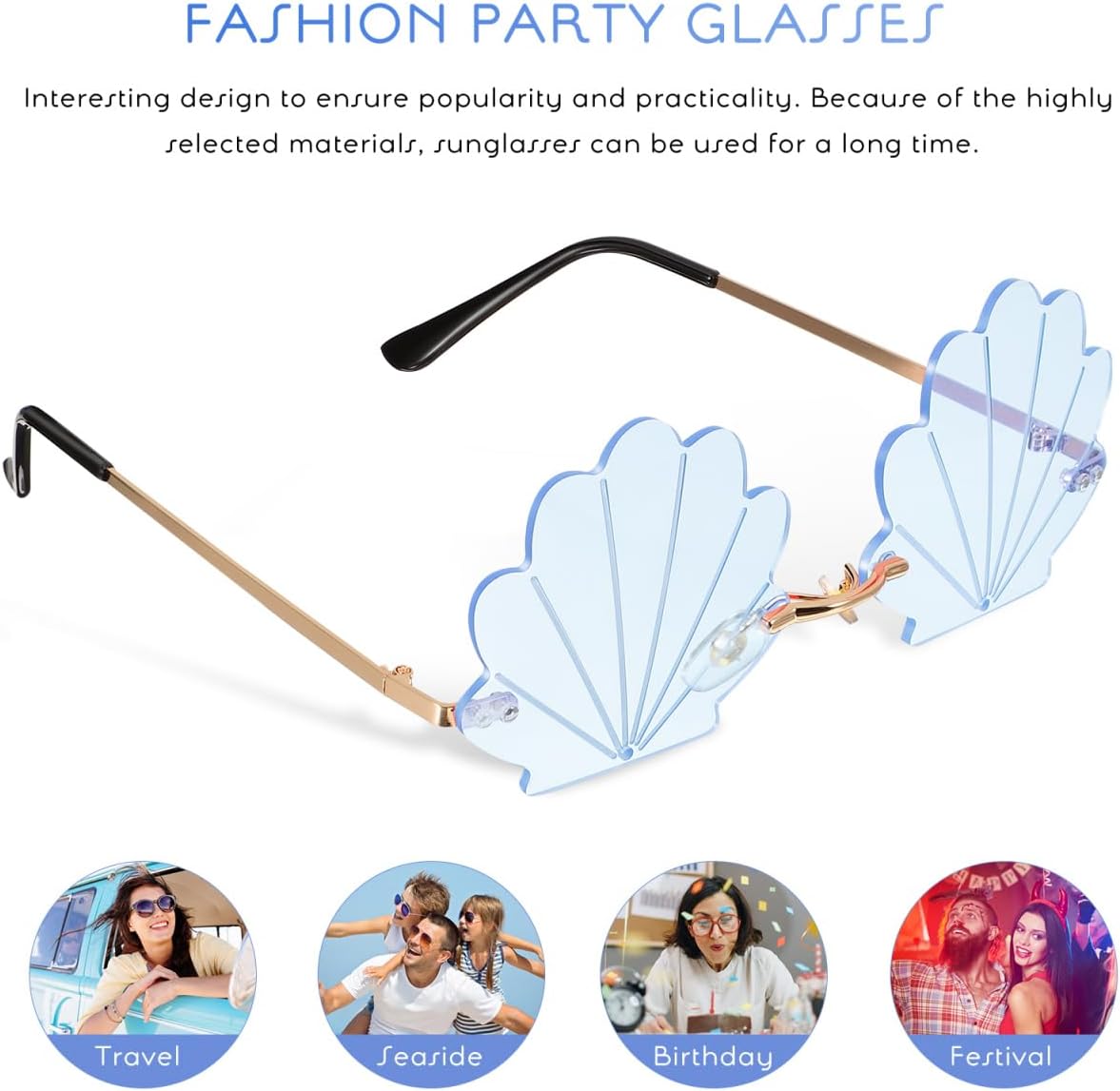 Housoutil Shell Sunglasses Rimless Funky Eyewear 2 Pairs Irregular Seashell Shape Party Glasses for Men Women Photo Props Beach Festivals Rave Events