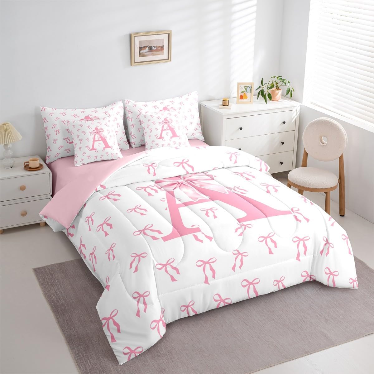 Erosebridal 7Pcs Initial Letter A Comforter Set Full Cute Monogrammed Bowknot Bedding Set for Kids Women Lady Pink Bow Princess Bed in a Bag Modern Simple Pink White Bow Knot Sheet Set with Comforter - Image 5