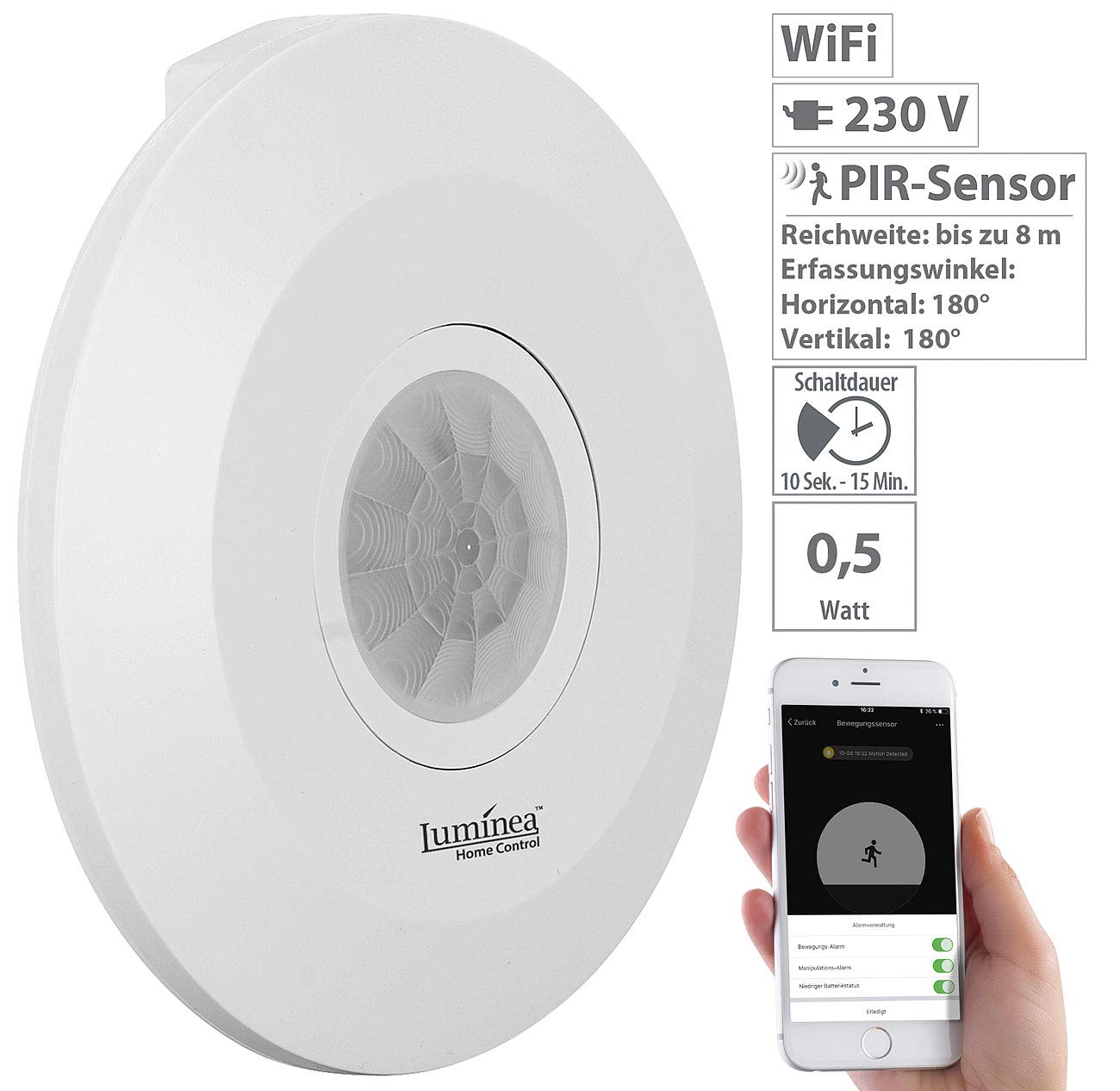 Luminea Home Control rilevatore di movimento Alexa: 230 Volt PIR Motion Sensor, extra-sottile, WLAN (sensore di movimento wlan app, sensore)