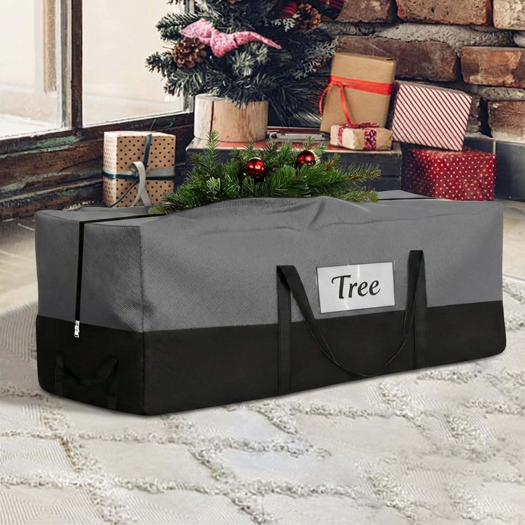 Christmas Tree Storage Bag, Fits Up to 10 Ft Tall Artificial Trees, Heavy Duty 600D Oxford Skeleton Storage Box with Reinforced Handles, Zipper, Transparent Pocket, Gray Fit for 10ft Gray