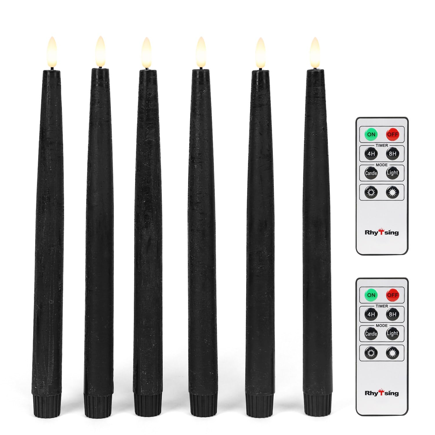 Rhytsing 29cm Black Flameless Taper Candles with Timer Function, Battery Operated Led Candlesticks Rustic Wax for Halloween, 2 Remotes Included - Set of 6