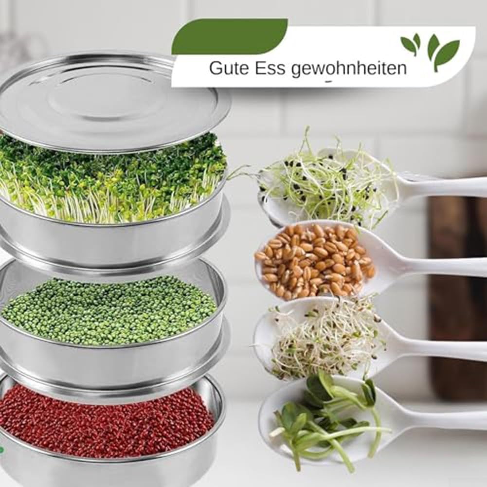 Seed Sprouter Tray, Saatschalen aus Edelstahl, 3-stöckige Keimschalen, Anzuchtschalen mit Deckel und Boden für Gewächshaus und Gärten, Pflanzensamen, für Anzucht von Mungbohnen Alfalfa Weizengras