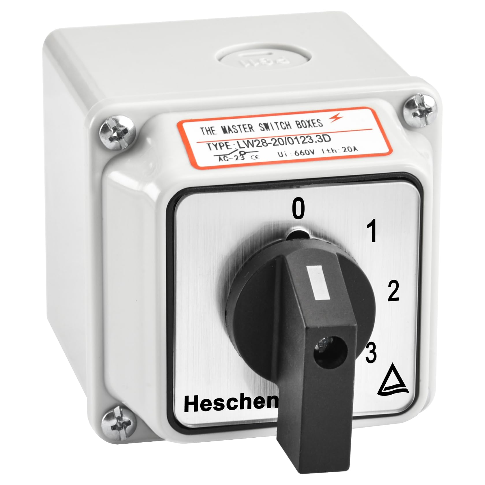 Heschen Sélecteur de came rotatif universel, LW28-20/0123.3D, 660V 20A, 4 positions, 3 phases, 12 bornes, CE, avec interrupteur principal dans la boîte extérieure LW28-20/4
