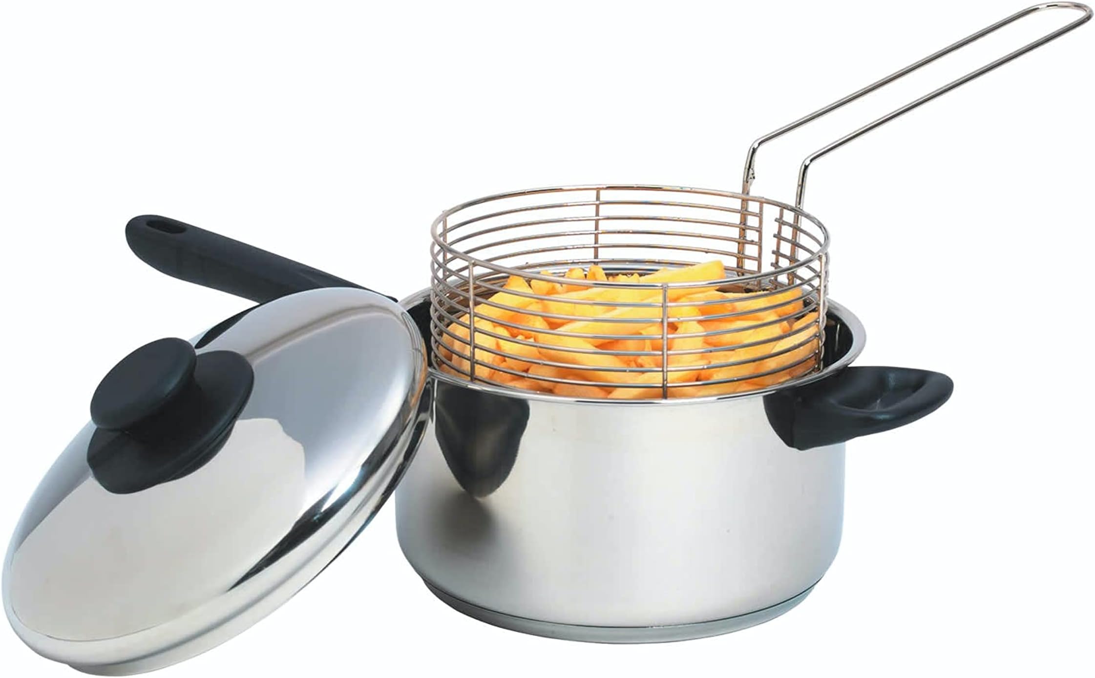 KitchenCraft Large Chip Pan with Basket and Lid 2cm, Induction Safe, Stainless Steel, Silver