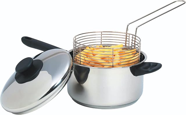 KitchenCraft Large Chip Pan with Basket and Lid 20cm, Induction Safe, Stainless Steel, Silver