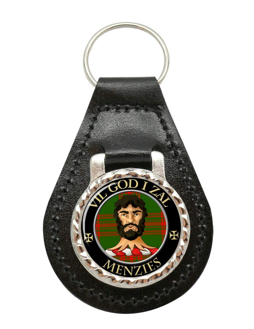 Giftshop Uk Black Leather And Silver Metal Menzies Scottish Clan Leather Key Fob