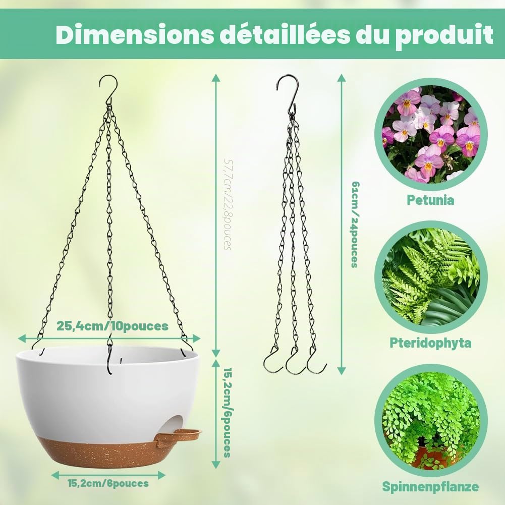 Lot de 3 Pots Suspendus pour Plantes d'Intérieur, 25 cm Jardinières Suspendues avec Soucoupe et Trous de Drainage, Pots de Fleurs Suspendus pour Balcon, Salon, Jardin, Intérieur et Extérieur, Blanc