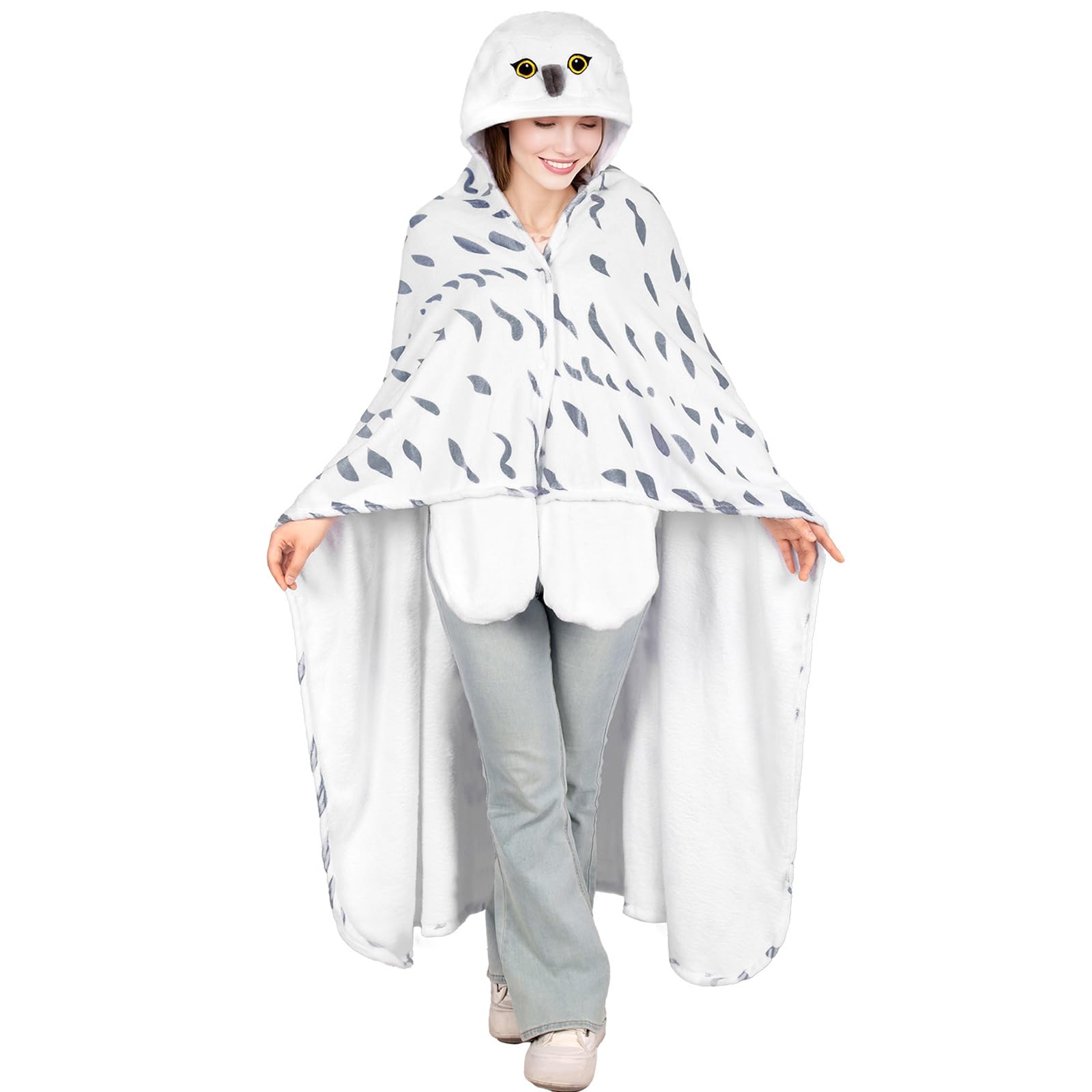 Wearable Blanket Hoodie, Snowy Owl Hooded Blanket with Gloves