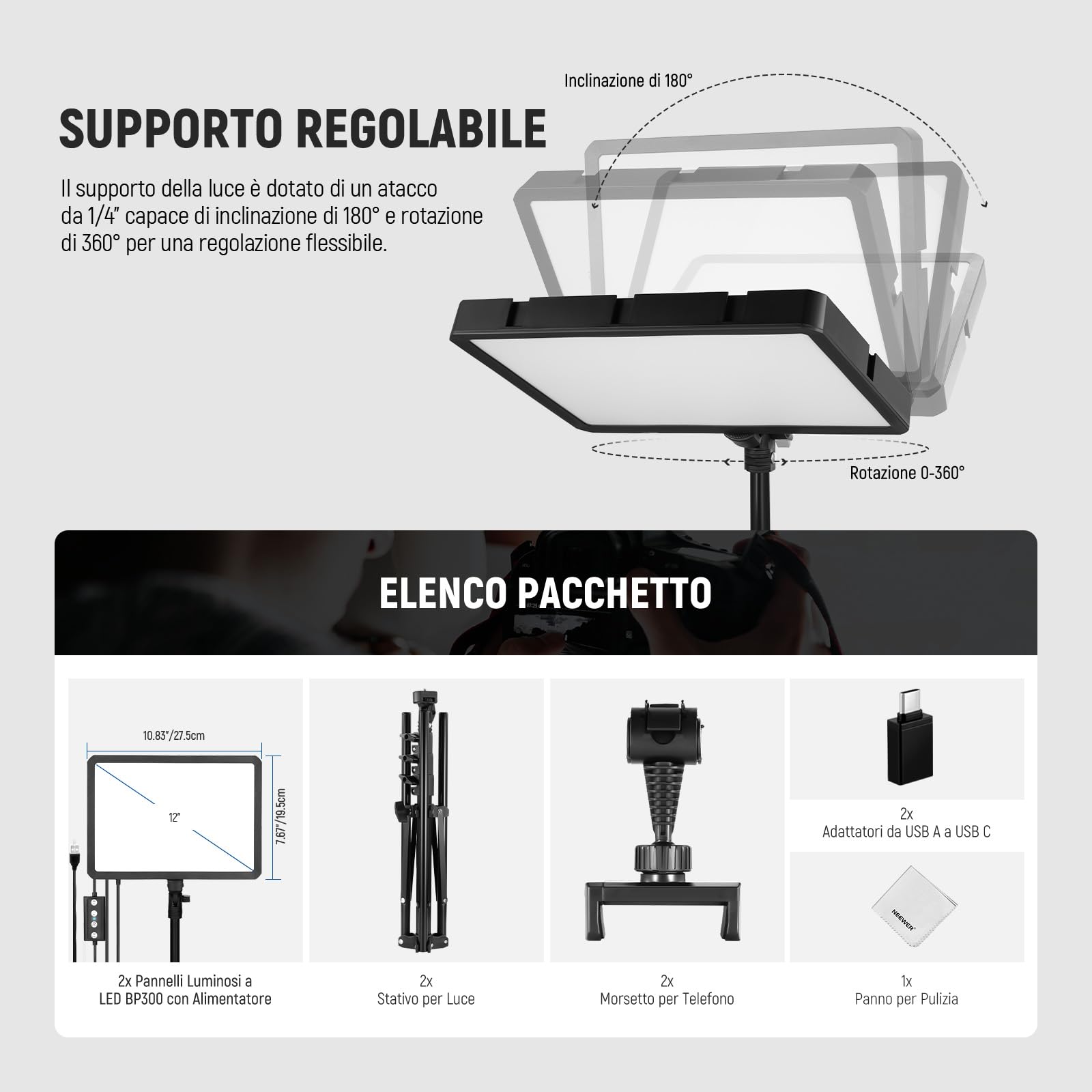 NEEWER BASICS Kit di 2 Luci a Pannello LED per Video, Luce Studio Dimmerabile Bicolore 2700-6500K con 2 Stativi da 59'' e 2 Portatelefono, 850lux per Fotografia Filming Registrazione Streaming, BP300