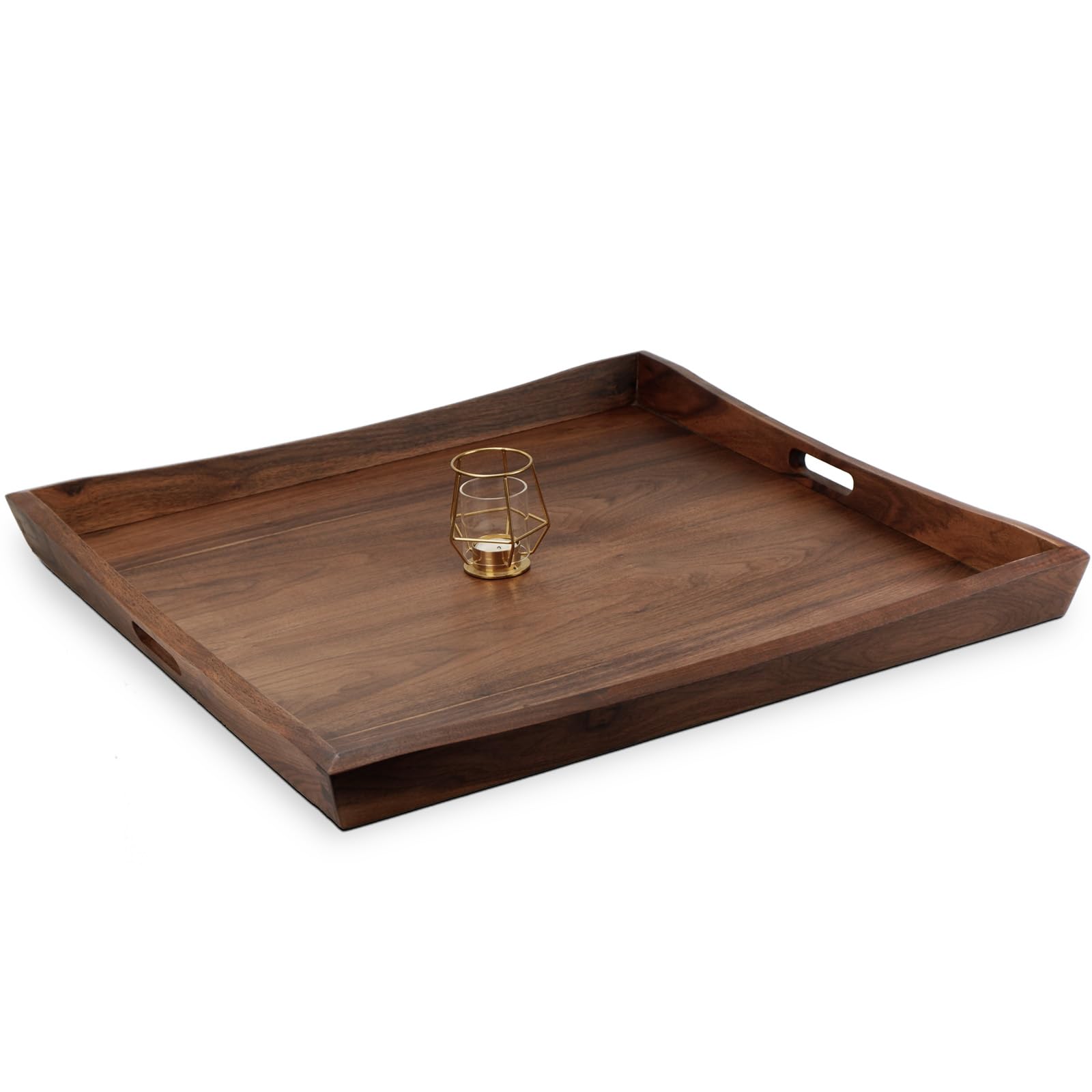 28 x 28 inches large square curved black walnut wood ottoman tray with handles, serve tea, coffee classic wooden decorative serving tray