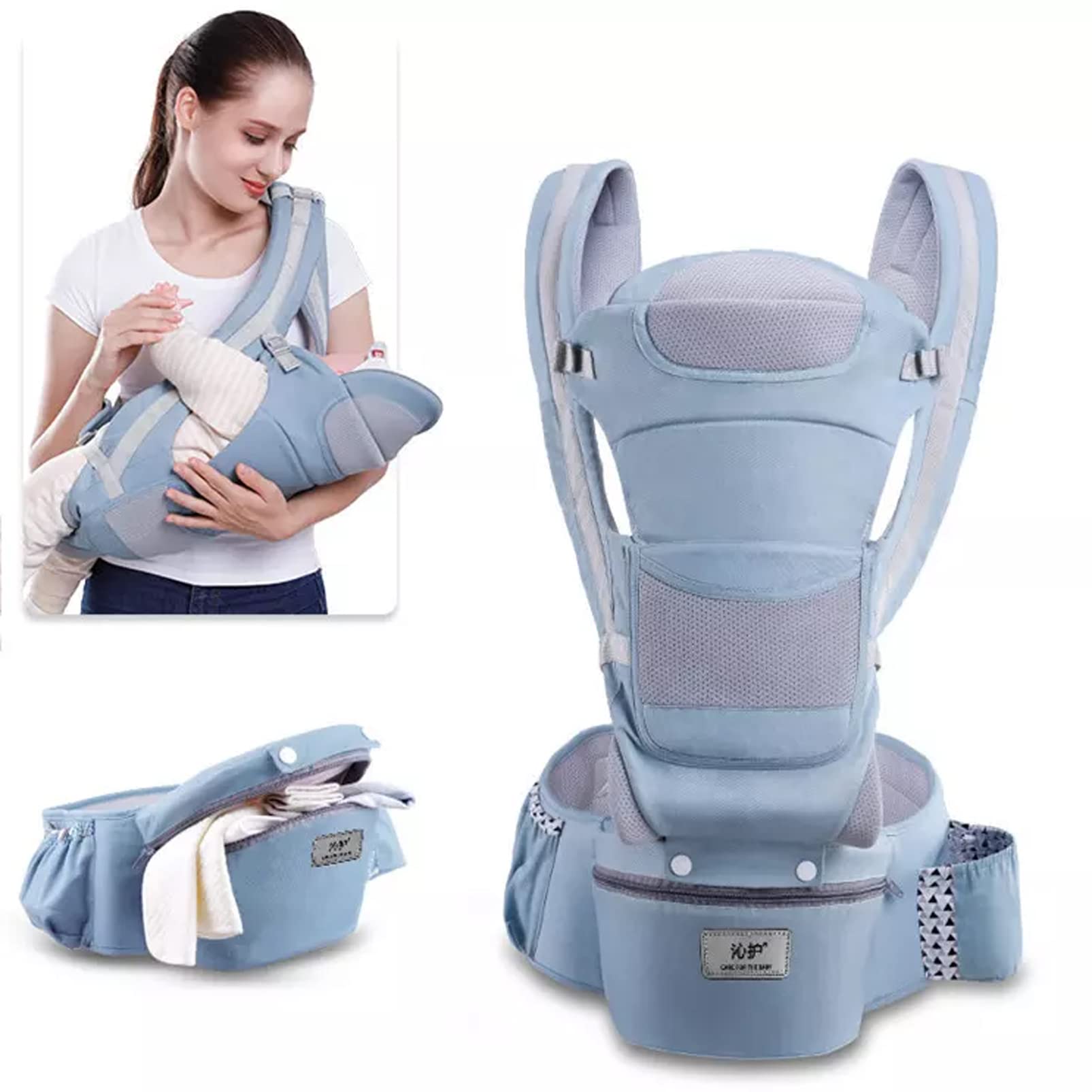 Baby Carrier with Waist Stool, Baby Carrier with Hip Seat for Breastfeeding, with Lumbar Support & Cool Air Mesh, One Size Fits All Newborn, Infant & Toddler Baby 0-36 Months for Men Dad Mom