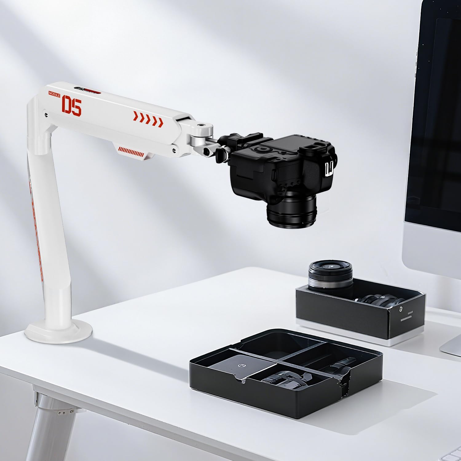 JINRAIKO Overhead Camera Mount with 360° Adjustable Arm & Phone Holder for TikTok Live Streaming Photography Studio Content Creation, Desk Mount for for DSLR Camera/Webcam/Microphone, White