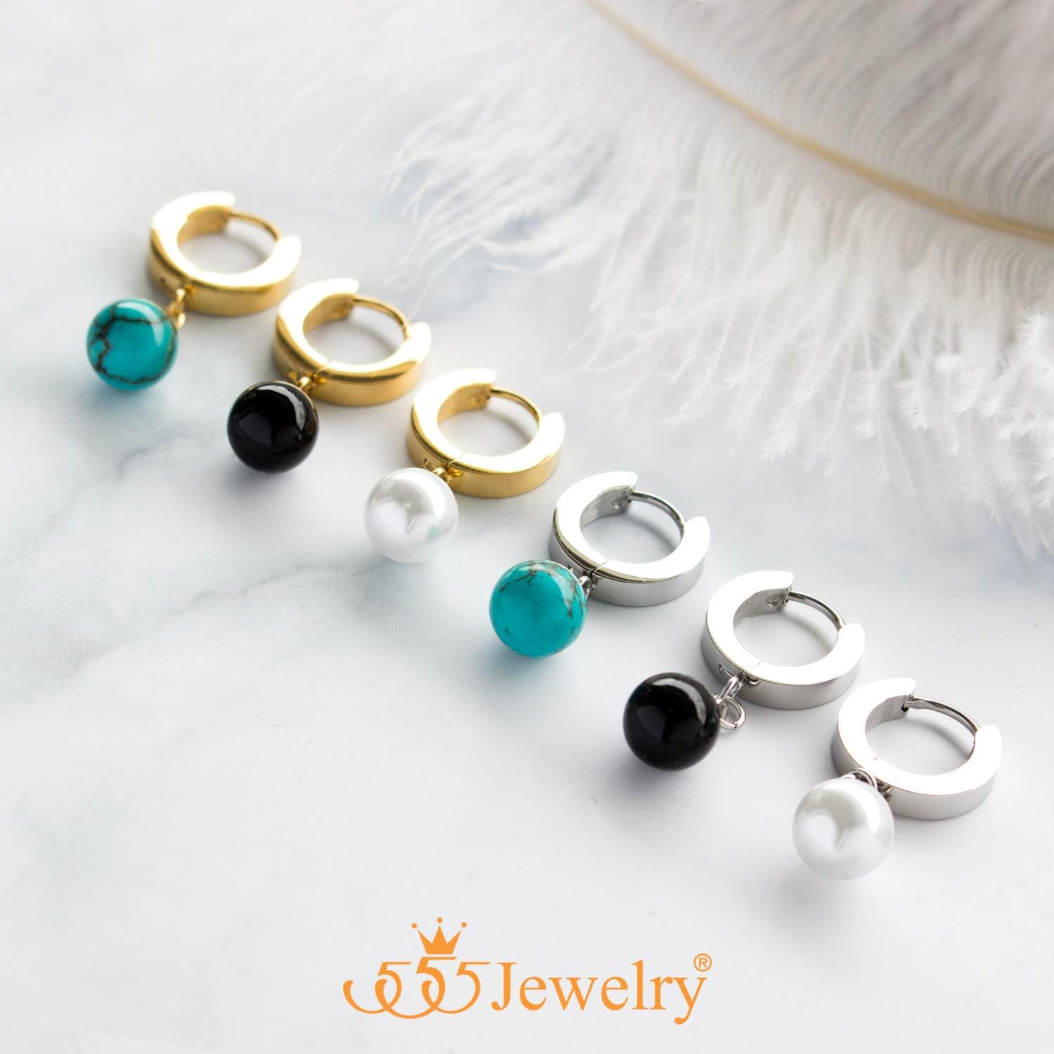 555Jewelry Stainless Steel Huggie Dangle Pearl, Onyx, Turquoise Earrings for Women - Image 5