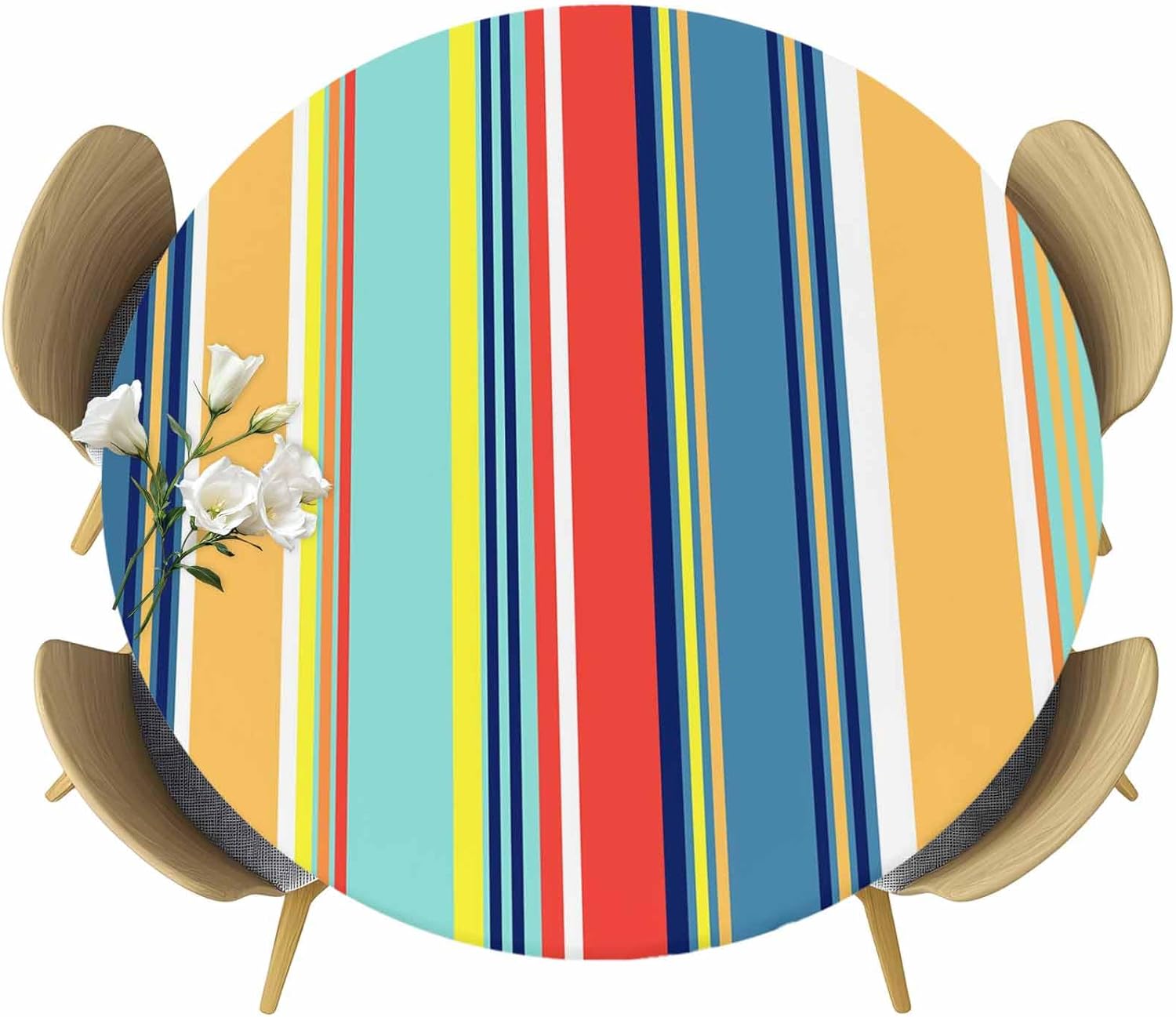 Rainbow Striped Round Tablecloth Fitted Table Cover, Colorful Abstract Bohemian Geometric Elastic Tablecloths Waterproof Outdoor Indoor Stretch Cloth Tablecover for Dinner, Party, Shower, 55-60IN