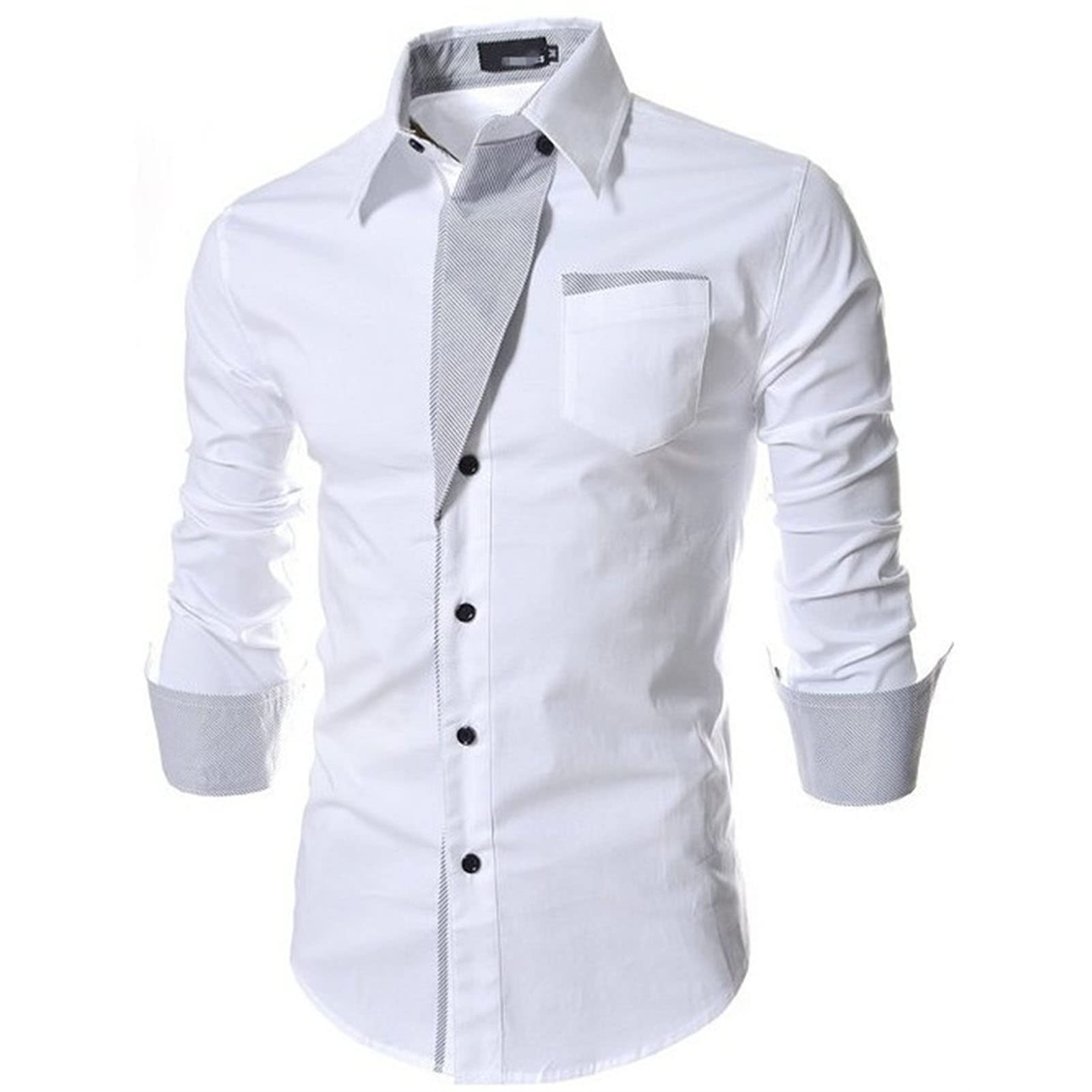 Mens Long Sleeve Stylish Dress Shirts Patchwork Casual Button Down Shirts Turn-Down Collar Shirt Top with Pockets (White,3X-Large)