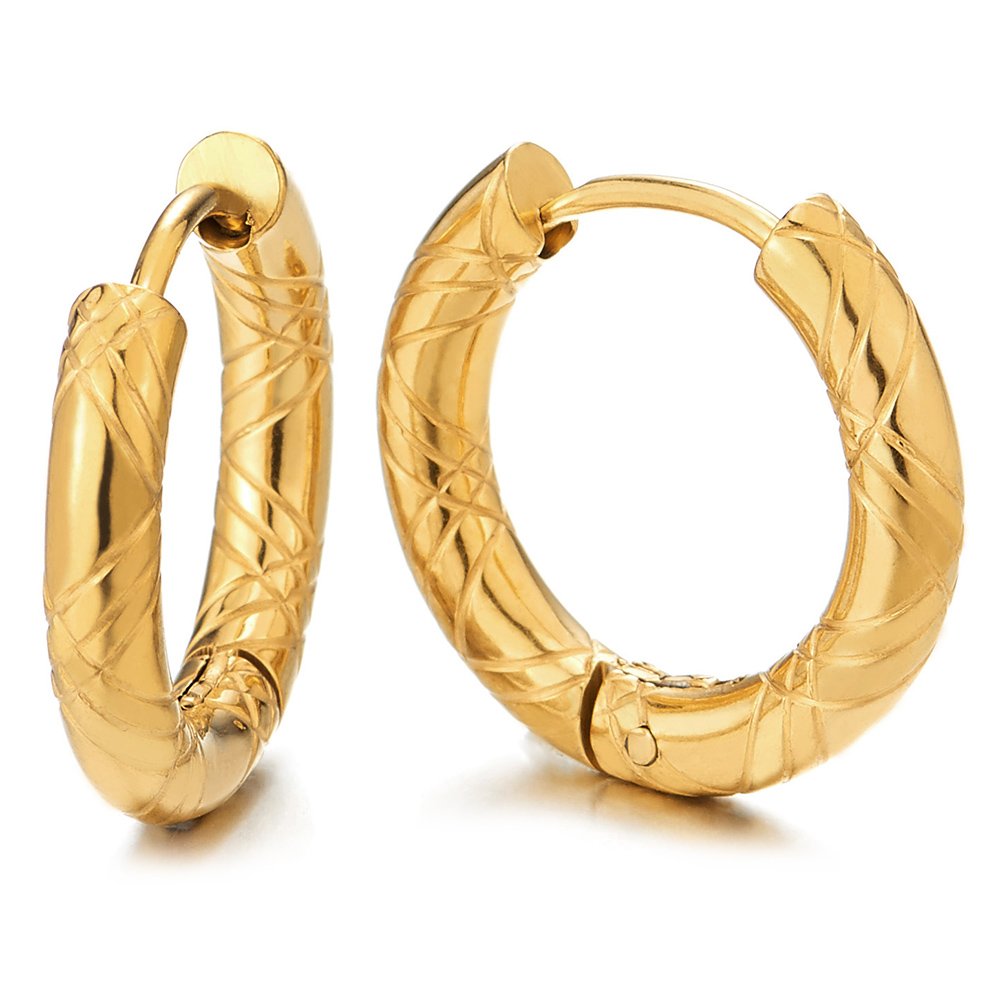 COOLSTEELANDBEYOND2 Color Oro Acanalados Círculo Pendientes del Aro, Pendientes para Hombre Mujer, Acero Inoxidable