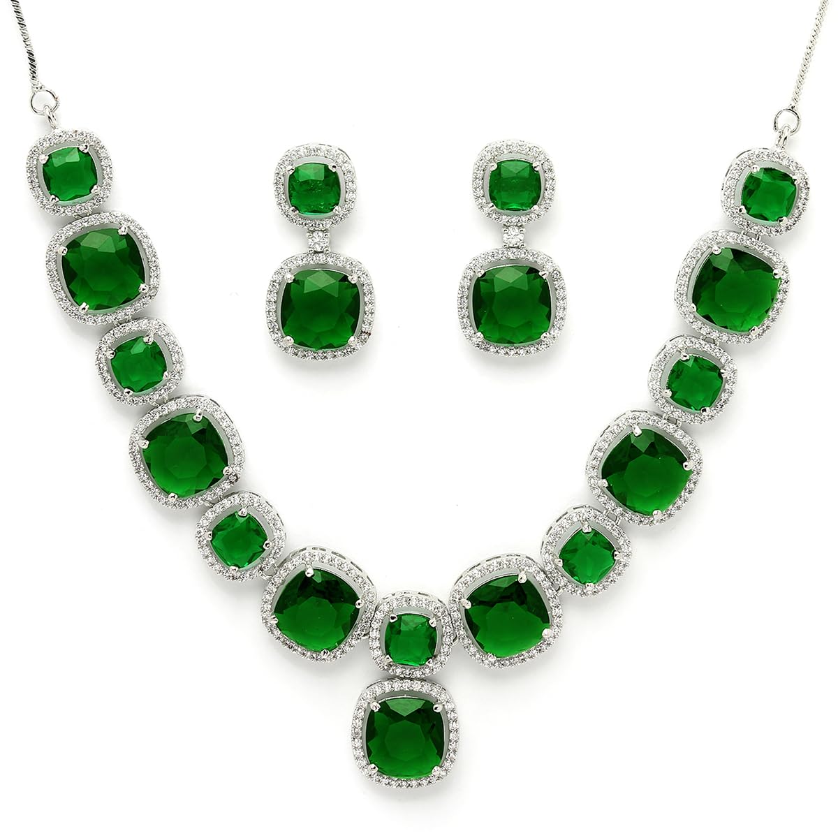 Karatcart Silver Plated Green Cubic Zirconia Traditional Jewellery Set