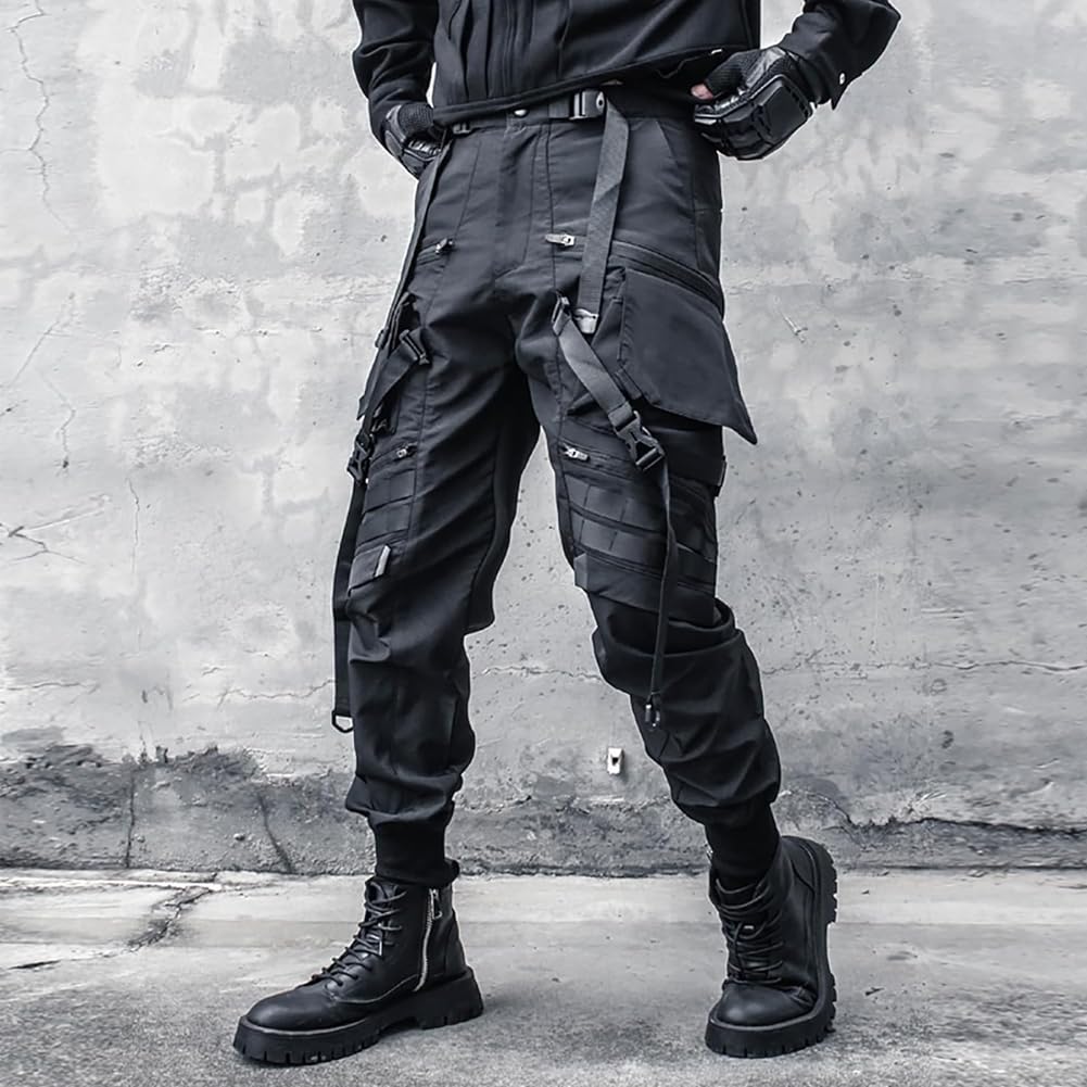 Punk-Joggerhose für Herren, mit mehreren Taschen, Streetwear, Cargohose, schwarz, taktische Techwear, Hip-Hop-Hose, Band