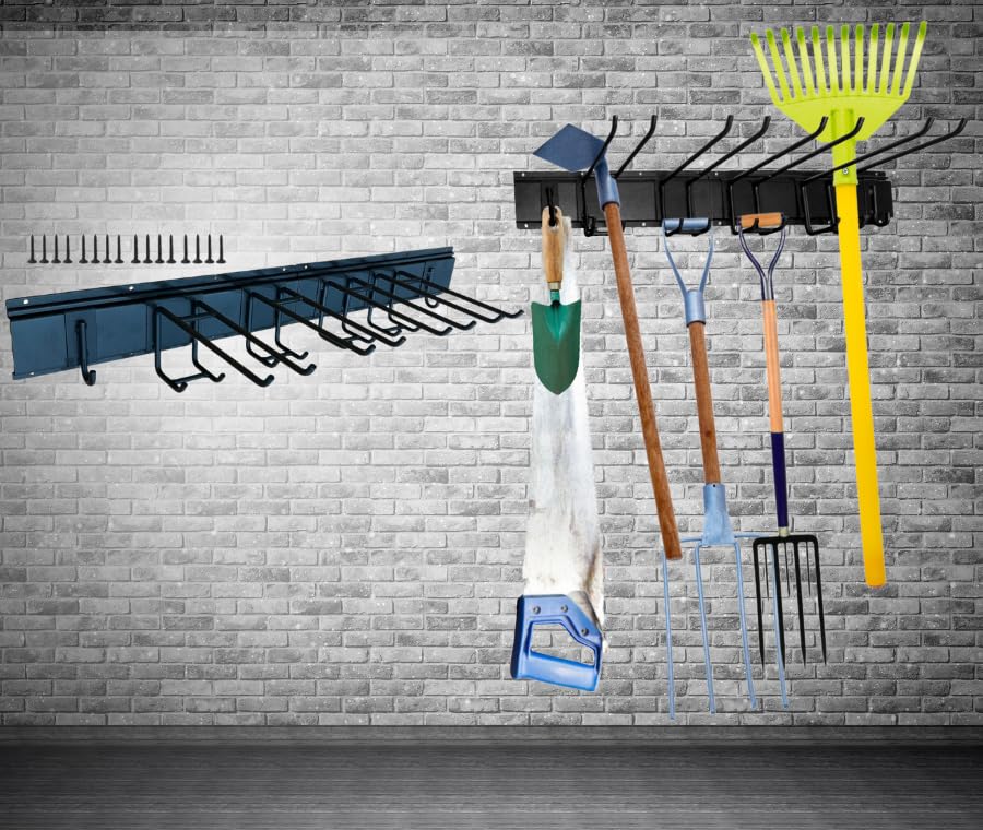 Garage Tool Organizer Storage Rack Wall Mounted Storage System with 6 Hook Super Heavy Duty Garden Tool Hanger Rack for Ski Gear Chair Broom Mop Rake Hoses Yard Garden tool (Set 2-32 inch)