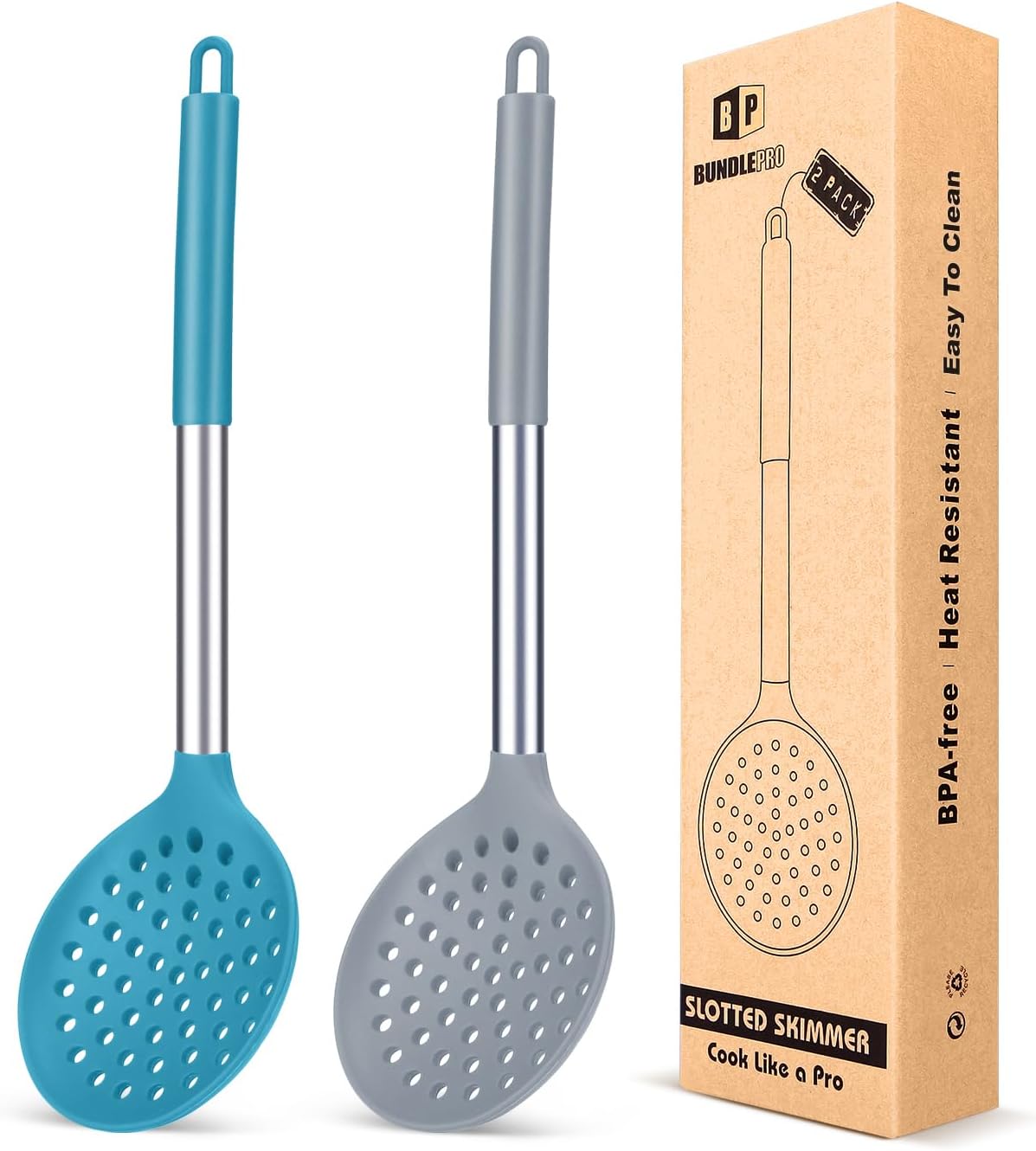 BUNDLEPRO Kitchen Ladle Strainer Set of 2 Large Slotted Spoon with High Heat Resistant BPA Free Non Stick Cooking Skimmers For Draining & Frying (Grey and Teal Blue)