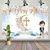 Wollmix 7x5ft First Holy Communion Backdrop for Boy Kids Mi Primera Comunion Blue Flower Boho Background Pampas Mi Bautizo Baptism God Bless Christening Chalice Doves Party Decoration Banner Supplies