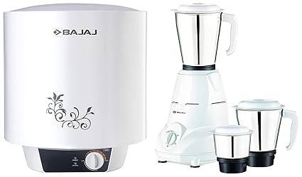 Bajaj New Shakti Neo 10L Vertical Storage Water Heater (Geyser 10 Litres) & Bajaj Rex 500W Mixer Grinder with Nutri-Pro Feature, 3 Jars, White