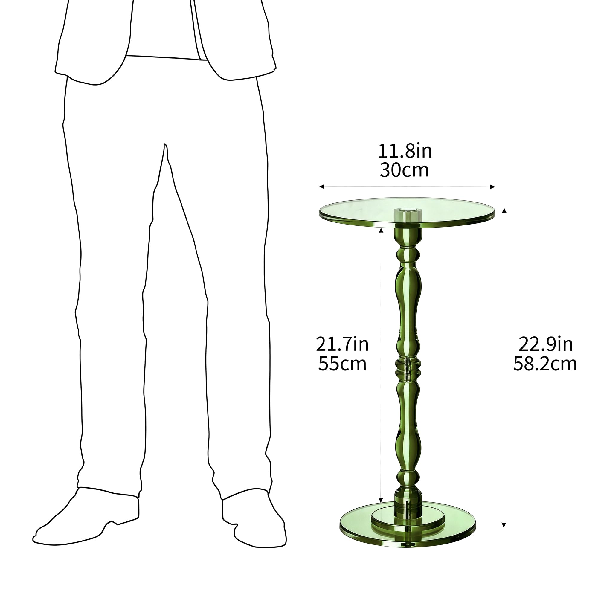 Tavolino da Salotto Rotondo in Acrilico, Piccolo Trasparente con Base Decorativa, 30 x 30 x 58 cm (Verde)