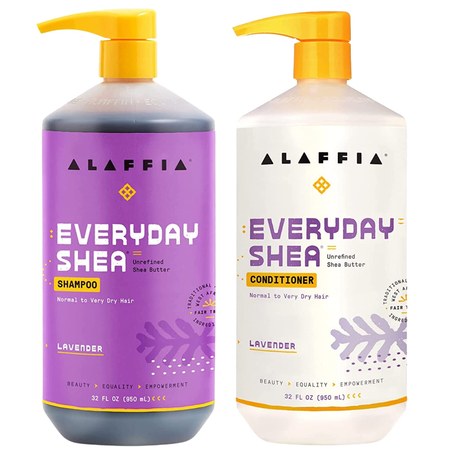 Alaffia Shampoo and Conditioner, Lavender – EveryDay Shea Sulfate-Free Shampoo and Conditioner Set with Shea Butter and Coconut Oil, 32 Oz Ea