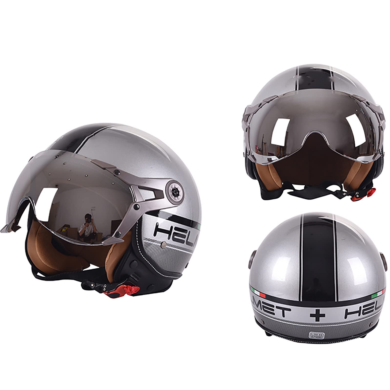 JATIBOSH Medio Casco Retro Tratamiento De Fortalecimiento, Antiarañazos Motocicleta Casco, Lentes Chapadas En Plata Clara De Primera Calidad Jet Ciclomotor Abierto Cascos, Certificación ECE