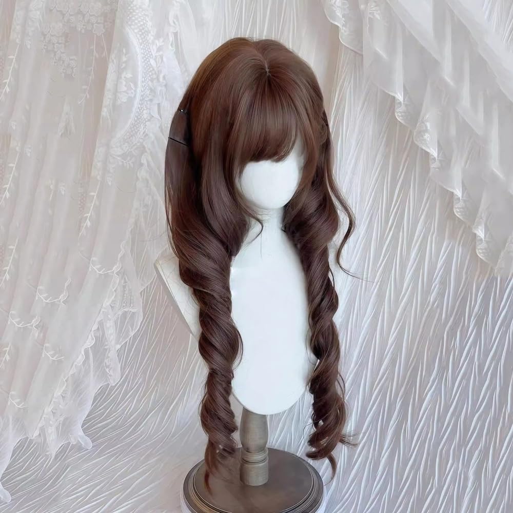 Kawaii Lolita Wig for Women Costume Party Long Spiral Curly Wig Japanese Synthetic Hairpiece for Tea Party (Chocolate Brown)