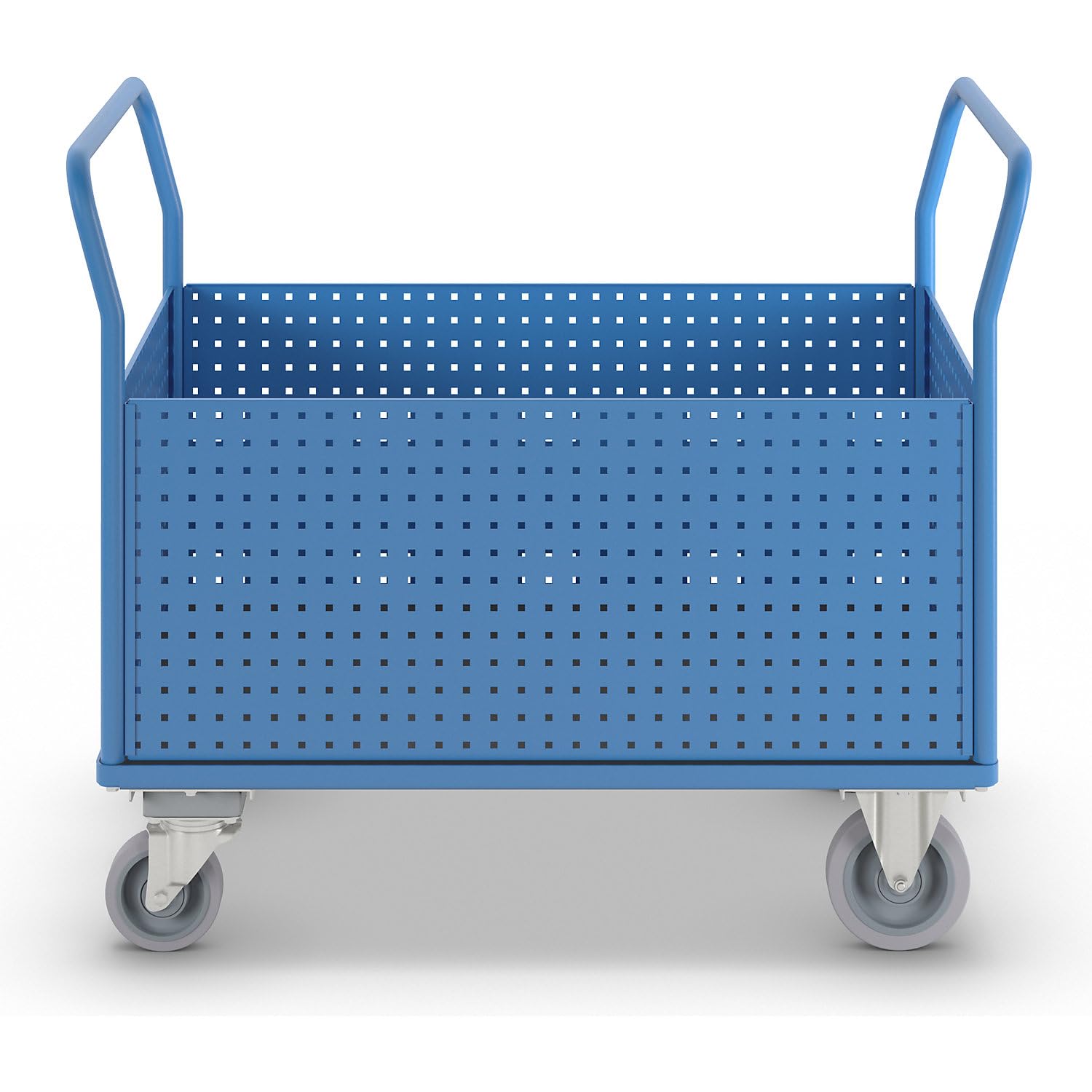 eurokraft pro | Plattformwagen | Mit 4 hohen Lochblechwänden, LxB 1250 x 800 mm, mit Zentralstopp, Vollelastik
