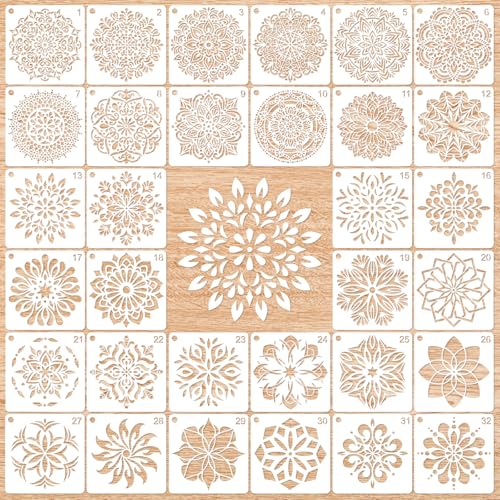 MWOOT 32 Pièces Mandala Painting Stencil,DIY Plástico Escala Plantilla para Pintar Reutilizable Template de Dibujo,Plantillas para Pintar en Piedra Roca Tela Parede Lienzos Decoración (12x12 CM)