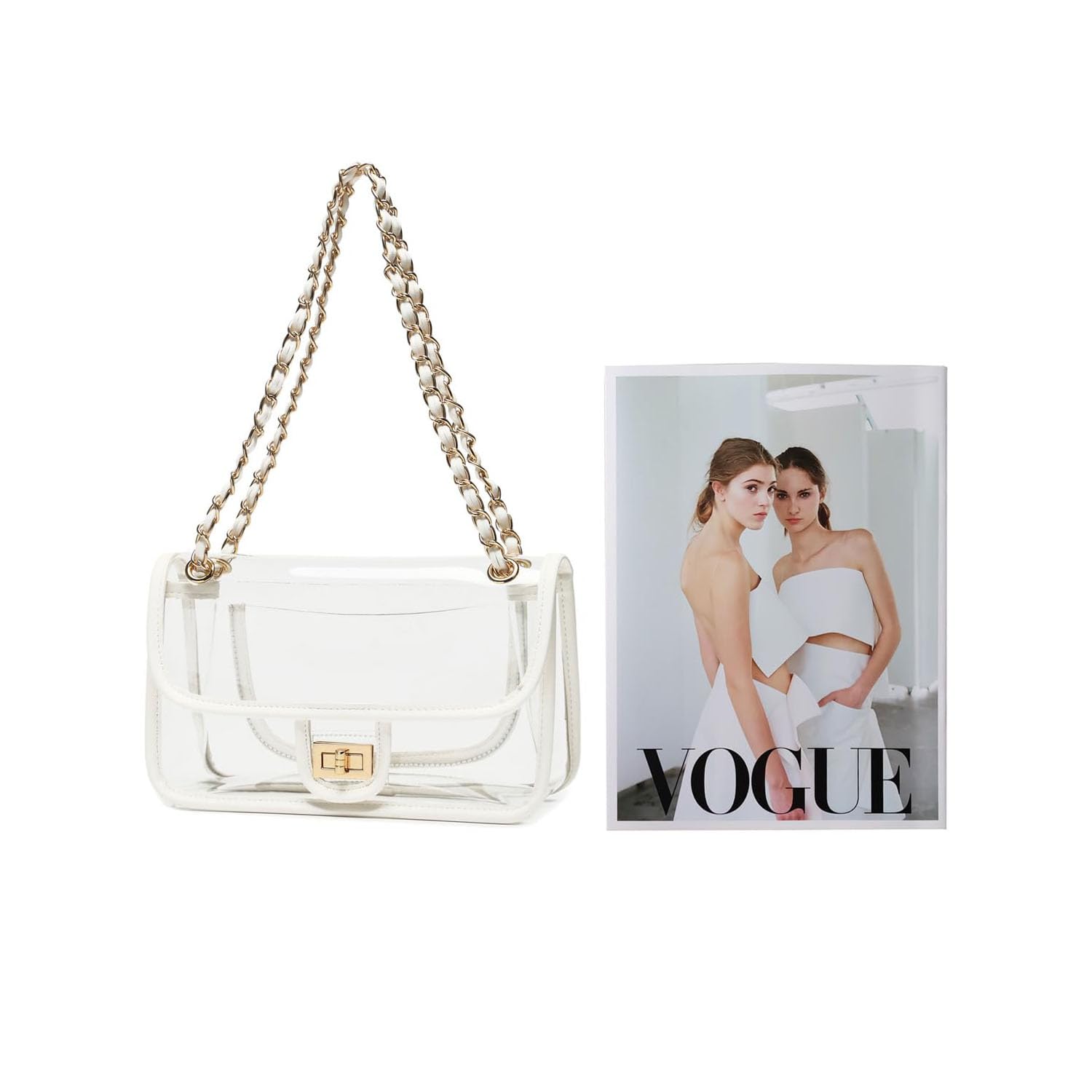 Transparente PVC-Handtasche für Damen, mit Kette, Stadion-zugelassen, durchsichtige Tasche, durchsichtig, Weißer Rand (goldene Kette und Hardware) (große Größe), M