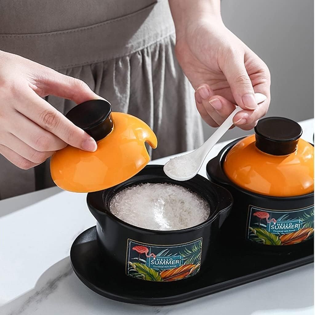 Condiment Set Seasoning Box Condiment Jar Ceramic Seasoning Pot Spice Container Set Kitchen Seasoning Pot Seasoning Box With Spoon And Lid Salt and Sugar Container Sets Condiment Pot (Color : A)