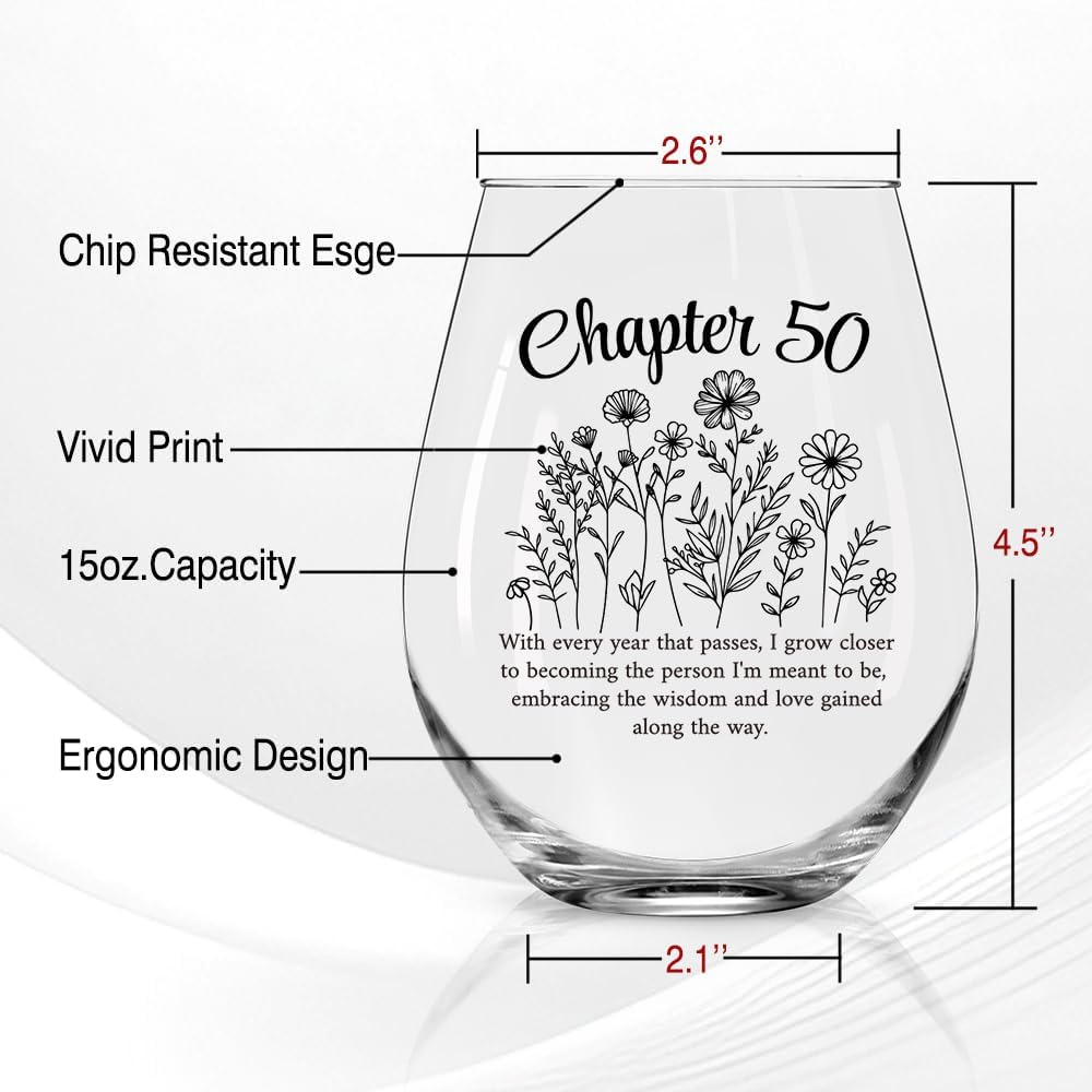 Perfectinsoy Chapter 50 Stemless Wine Glass, Time Commemoration 50th Wine Glass, Happy 50th Birthday Gifts for Friends Colleagues Sisters Brothers Mom Dad, Wine Glasses for Congratulation Party - Image 2
